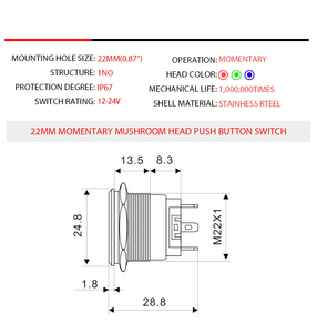 24VステンレススチールIP65 1NO1NCスイッチ緊急ストップEストップマッシュルームヘッド安全赤プレスボタン30mm - Product Image 6