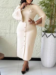 Eleganti Abiti da Chiesa per Donne, Collo Tondo, Maniche a Campana, Bottoni Floreali, Vestito Slim per Ufficio - Product Image 1