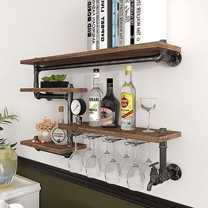 Étagère à tuyaux industrielle Casier à vin mural avec support en verre à 4 tiges Étagères de bar flottantes en métal rustique Étagère murale pour la cuisine - Product Image 2