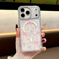 Coque de téléphone antichoc transparente magnétique sans fil de haute qualité pour 17 Pro Max, avec motif floral cerise 3D scintillant et dos en PC