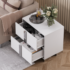 Modern End <b>Table</b> with Drawers Elegant Nightstand Metal Foot Wood <b>Bedside</b> <b>Table</b> <b>Mirrored</b> Handles Sofa Side <b>Table</b> - Product Image 3