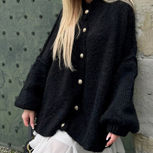 2025 Phụ Nữ Của Retro Cardigan Với Bat Tay Áo Áo Len Rắn Màu Sắc Giản Dị Mùa Đông Bat Tay Áo Áo Len Với Nút Trang Trí - Product Image 1