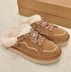 Mules d'hiver personnalisables pour femmes, en daim, doublure en fourrure moelleuse, à enfiler, à lacets, semelle épaisse, chaudes, décontractées, pour l'extérieur - Product Image 1