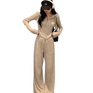 Women's Casual Two Piece Set Grey Oatmeal Hooded Sweatshirt Loose Wide Leg Pants Spring Autumn Solid Color Polyester - Product Image 5