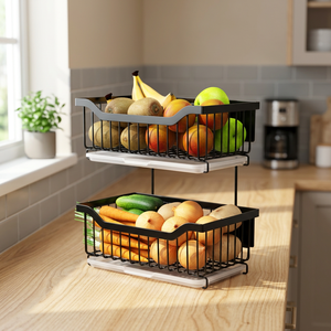 <b>Stackable</b> Iron Wire Modern Eco-Friendly Fruit <b>Basket</b> Storage Organizer for Kitchen Counter Matte Black Rectangle Design - Product Image 3