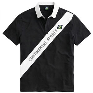 Camisa Negra de Manga Corta para Hombre, con Logotipo Diagonal Estampado, Transpirable, Diseño Deportivo Informal, Cierre de Botones, Rayas, 100% Algodón - Product Image 3
