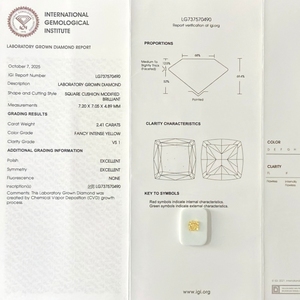 Лабораторно выращенный бриллиант, сертифицированный IGI, HPHT/CVD, фантазийный интенсивно-желтый, огранка «кушон», синтетический бриллиант - Product Image 5