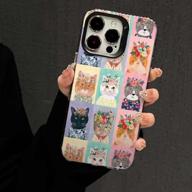Cute Cat Print with Floral Crown iPhone Case, Vintage Art  Anti-drop Cover for Cat Lovers for iPhone 17/16/15/14/13/12 ProMax