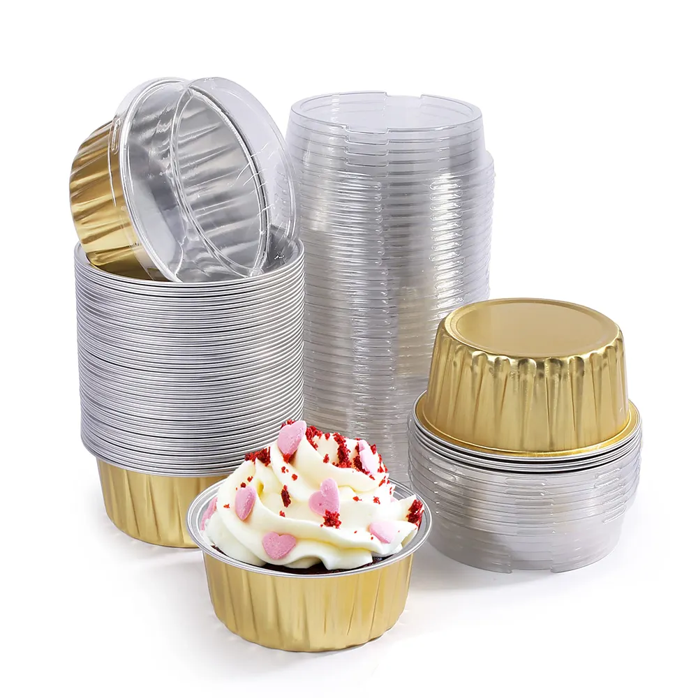5oz/125ml Mini Aluminum Foil Baking Cupcake Creme Brulee Cupcake Liners Desert Pans Flan Mold Container with Lid