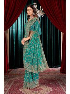 Sari de Satén Fandy Gujarati de Abhi Fashion para Mujer con Bordado de Cuentas, Blusa de Diseñador para Bodas y Recepciones - Product Image 3
