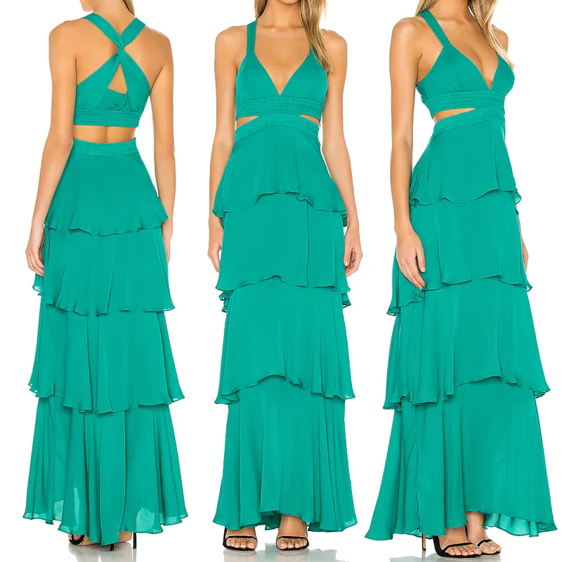 Sexy V-neck Vintage Cross Dress Women Summer Elegant Big Swing Multi Layered Maxi layer Dresses Female Green Beach Dress