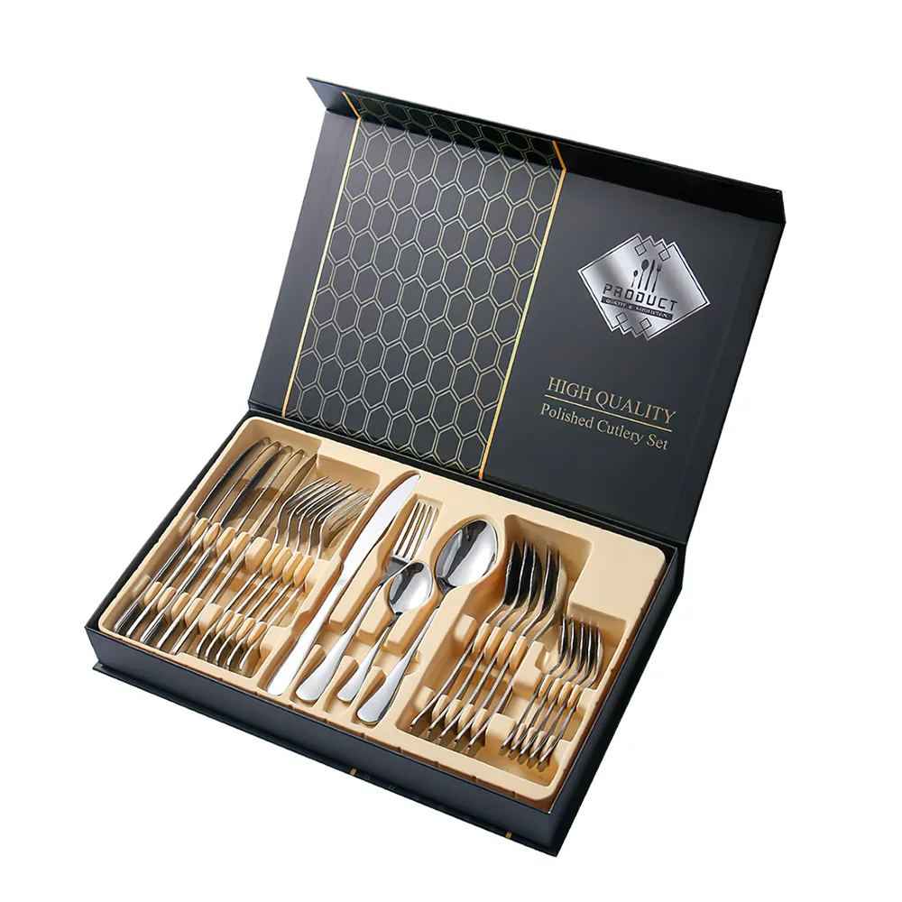 Wholesale tableware 24 piece gold fork knife and spoon set with box portable stainless steel flatware cutlery set