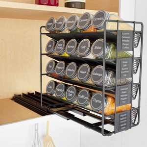 Organisateur d'épices coulissant pour armoire, 4 niveaux, avec 20 bocaux en verre, étiquettes et marqueur, rangement <span class=keywords><strong>de</strong></span> cuisine en métal - Product Image 1