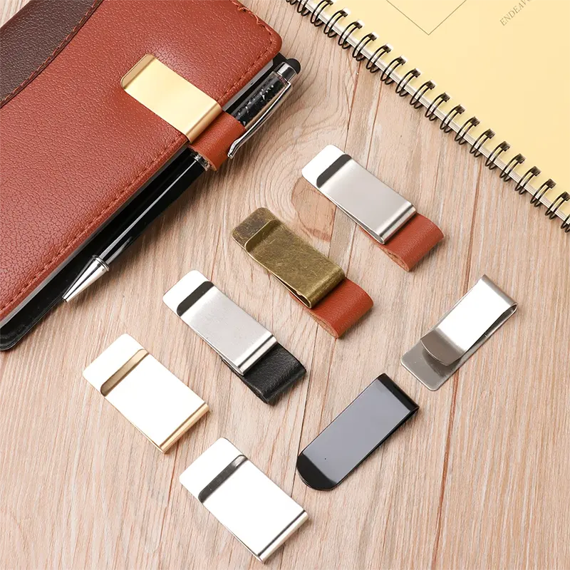 Handmade Leather Stainless Steel Clip Brass Pen Holder Journal Notebook Paper Pen Folder Multi-Functional Clip Office Supply