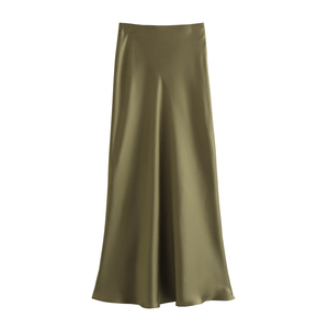 QSY Zipper Fly Green Color Silky Cas Al Fashion <span class=keywords><strong>Jupe</strong></span> longue en <span class=keywords><strong>satin</strong></span> pour femme - Product Image 2