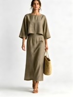Ensemble deux pièces élégant pour femme : haut court ample à col tissé uni et manches 3/4, et jupe longue mi-cuisse taille haute – Idéal pour le quotidien (ODM/OEM)