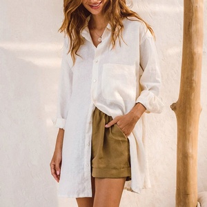 Chemise à manches longues en lin surdimensionnée de couleur unie pour la plage, nouvelle vente chaude, fabrication sur mesure - Product Image 3