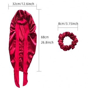 2Pcs Long Satin Bonnets With Elastic Tie Band Silk Scrunchie Ties Large <b>Braid</b> Bonnet Silky Hair Cap for Women Sleeping - Product Image 3