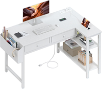 Bureau d'ordinateur en forme de L avec prise électrique, tiroirs en tissu, étagères de rangement, bureau de travail pour la maison, bureau pour petit espace, chambre à coucher