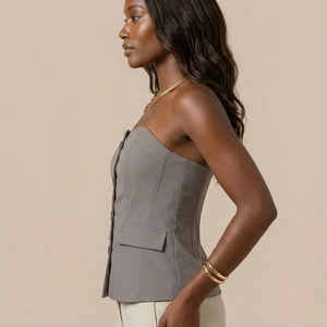Wholesale Women's Gray <b>Strapless</b> <b>Corset</b> Blouse With Button Front And Pockets Minimalist Style Regular Fit Sleeveless Top - Product Image 2