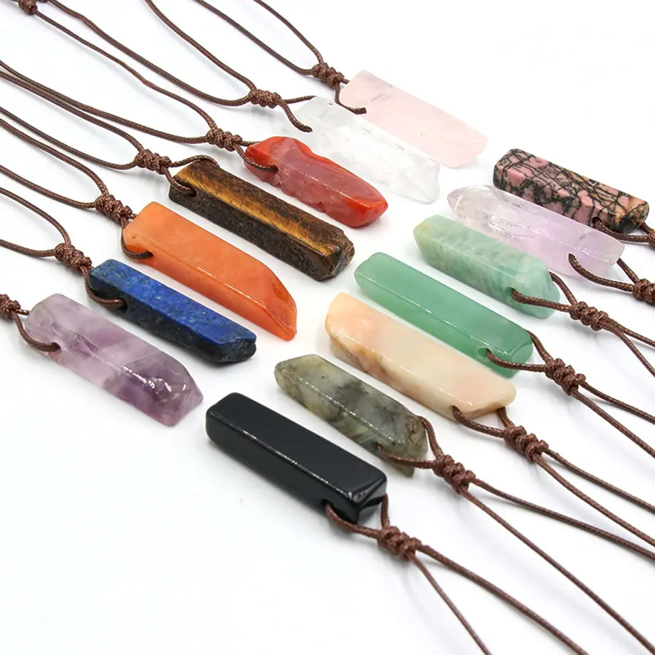 CSJA Fashion Jewelry Healing Energy Waxed Rope Irregular Natural Raw Gemstone Crystal Bar Pendant Necklaces For Women H090