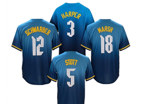 Maillot de baseball dégradé bleu pour hommes de Philadelphie SCHWARBER # 12 HARPER # 3 MARSH # 16 BOHM # 28 STOTT # 5 numéros de nom cousus à manches courtes - Product Image 1