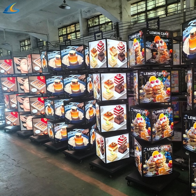 Multi-Layer Advertising Display Box Metal Floor-Standing Cube-Shaped Four-Sided Display Vertical Rotating LED Light Box