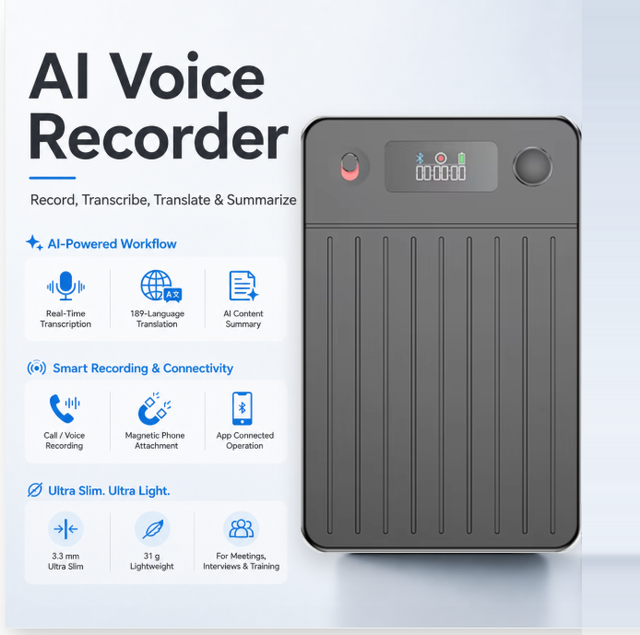 AI Voice Recorder 64GB Memory Note Recorder W/Case App Control 256 Languages Transcribe Summarize with Digital Audio Recorder
