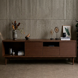 Mueble para TV Moderno de Nogal Oscuro, Consola Multimedia Extra Larga de Perfil Bajo, Mesa con Estantes Abiertos y Cajones, Unidad de Almacenamiento para Sala de Estar, Venta al por Mayor - Product Image 1