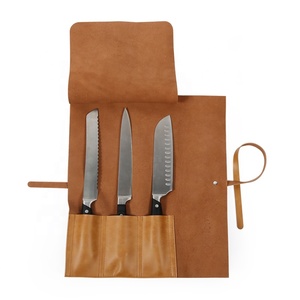 CHANGRONG Custom 3-Knife Slots Brown Leather Chef Knife <strong>Roll</strong> <strong>Bag</strong> Portable and Durable for <strong>Tool</strong> Storage OEM and ODM Supported - Product Image 1