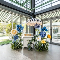 Ensemble de guirlandes florales bleues et blanches, style bohème, fait main, avec cadre en bois et en fer, pour chariot à bonbons de mariage et décoration de table de desserts