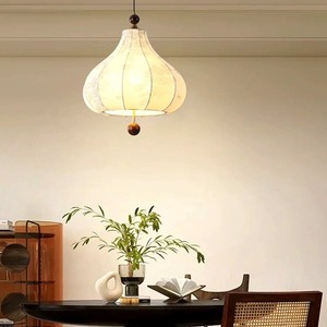 Lustre LED réglable en hauteur pour salle à manger, en tissu à motifs vintage, style Maillard Wabi-sabi, bois massif, chêne français floral - Product Image 1