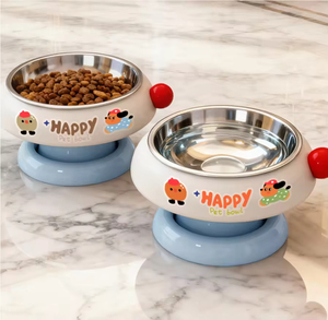 YACHIPET Cute Portable Round Cut <b>Plastic</b> Cat Bowl Non-slip Anti-black Chin High Feet Neck Protection <b>Letter</b> Print Pet Feeding - Product Image 2