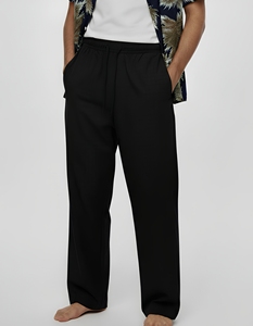 Pantalon décontracté pour homme, noir, taille élastique, avec poches latérales, léger, respirant, en coton tissé, pour l'été - Product Image 1