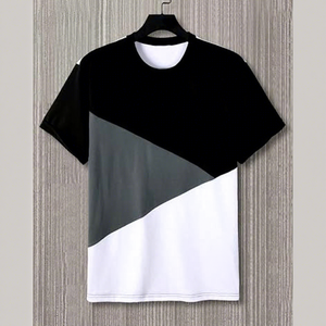 เสื้อยืดผู้ชายลายเรขาคณิตสีสันตัดกัน แขนสั้น คอกลม สวมใส่สบาย ระบายอากาศได้ดี ทรงปกติ ผ้าถักโพลีเอสเตอร์ สีขาว ดำ เทา - Product Image 1