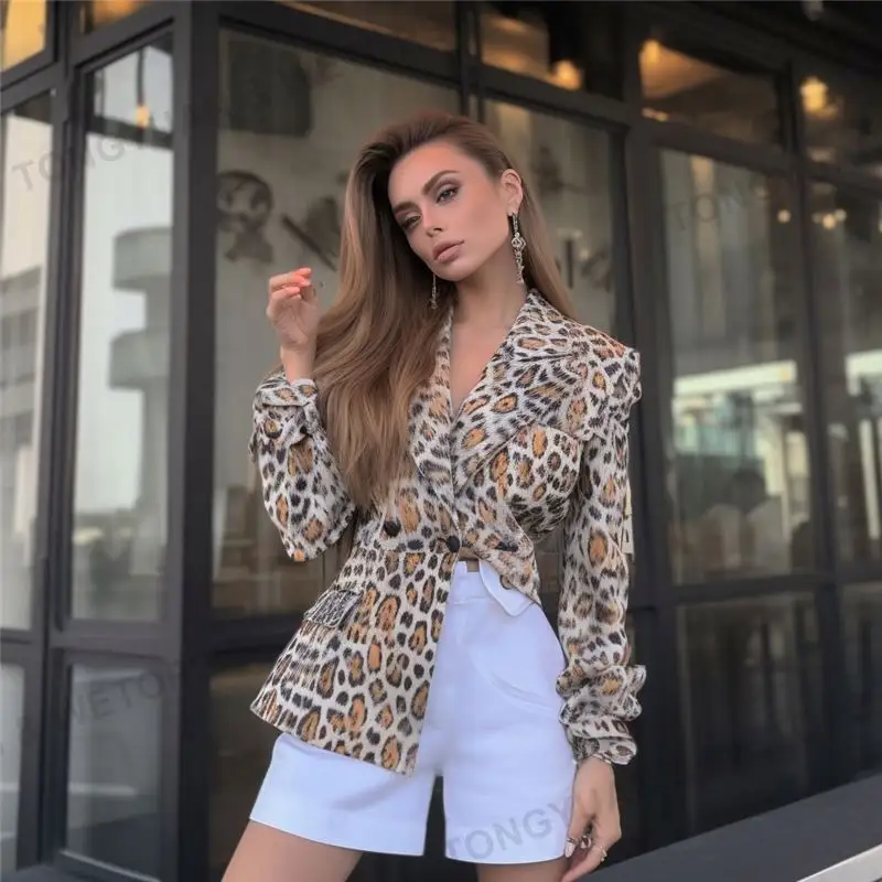 Oversized Blazer Tops and Shorts Suit Matching Two 2 Piece Set Office Lady INS Leopard Chian Tie Dye Outfits Western Dress