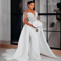 Robes de mariée NE404 en perles délicates pour femmes, style sirène, manches longues, col en V, illusion, Vestidos De Novia, personnalisées