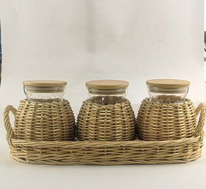 Mimbre decorado frasco de vidrio con la tapa de bambú/<span class=keywords><strong>cesta</strong></span> de mimbre tejida con mango para almacenamiento - Product Image 2