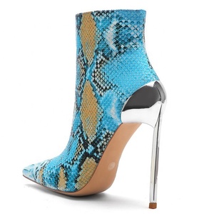Blue Snakeskin Print Women High Heels Ankle <b>Boots</b> Large Size 45 Basic Metal Thin Heel Stiletto Dress Shoes Party Short <b>Boots</b> - Product Image 2