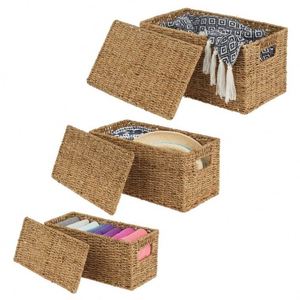 Kinderzimmer-Deko Rattan-Haus Faser-Brotkasten mit Bambusdeckel 3-teilig Oxford-Stoff Wäschekorb Seegras-Korb mit Fächern - Product Image 4