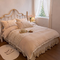 Parure de lit de luxe 100 % coton style princesse coréenne 4 pièces, jupe de lit élégante à volants motif floral, ensemble housse de couette shabby chic