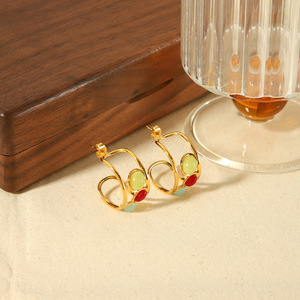 Geometric <b>Cuff</b> <b>Earrings</b> 18K Gold Plated Stainless Steel Tricolor Stones Party Women's Fashion Jewelry - Product Image 1