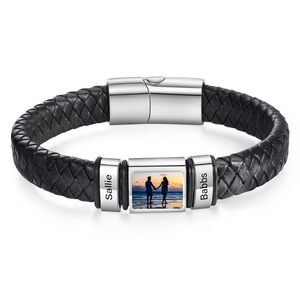 Brassard en <span class=keywords><strong>cuir</strong></span> tressé noir véritable pour hommes, accessoire de <span class=keywords><strong>bracelet</strong></span>, <span class=keywords><strong>bracelet</strong></span> en acier inoxydable, perle gravée, nom imprimé, <span class=keywords><strong>bracelet</strong></span> photo, bricolage personnalisé - Product Image 1