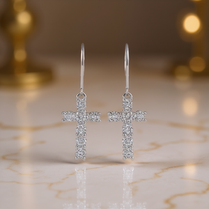 E925 <b>White</b> <b>Gold</b> Diamond <b>Cross</b> Earrings Women's Religious Ceremonies Round Brilliant Cut G Color Natural Stone - Product Image 2