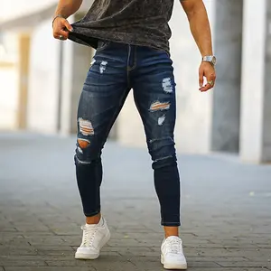Gingtto Sin Pedido Mínimo, Jeans Ajustados de Mezclilla Azul Desgastada para Hombre, Tallas Grandes, Personalizados - Product Image 1