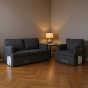 Set da soggiorno in tessuto grigio scuro, divano e sedia, mobili per la casa moderni e contemporanei - Product Image 2