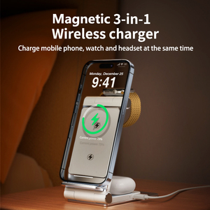 Support de <span class=keywords><strong>charge</strong></span> sans fil magnétique pliable 3 en 1, chargeur sans fil rapide 15W PD3.0 5V/2A pour smartphone, montre connectée, écouteurs - Product Image 2