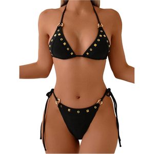 Women's Grommet Eyelet <b>Bikini</b> Set Two Piece <b>String</b> Halter Triangle Swimsuit Tie Side Cheeky Bathing Suit - Product Image 1