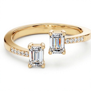 Anillo Toi Et Moi Chapado en Oro de 18K y 14K con Diamante Cultivado en Laboratorio de Corte Esmeralda, Anillo Abierto con Banda de Diamantes Redondos Pavé, Anillo de Diamantes CVD para Mujer - Product Image 1