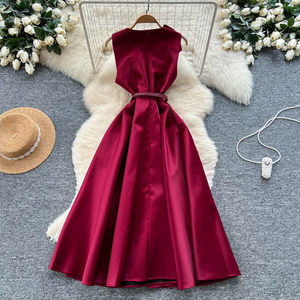 Robe <span class=keywords><strong>de</strong></span> soirée élégante sans manches à nœud français avec taille lacée pour <span class=keywords><strong>femme</strong></span>, coupe évasée trapèze, idéale pour les bals et événements formels - Product Image 4